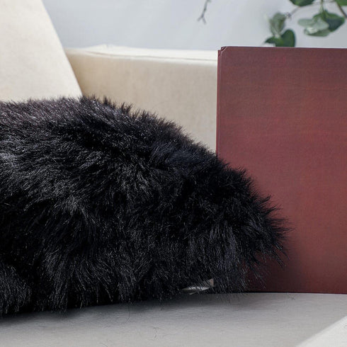 No Insert Faux Fur Sheepskin Throw Pillow Cover 18x18 Set of 2 Merino Style Super Soft Fluffy Cushion Fuzzy Pillow Case New Luxury Series for Livingroom Couch Sofa Bed Home Decor LINMOPM (Black)