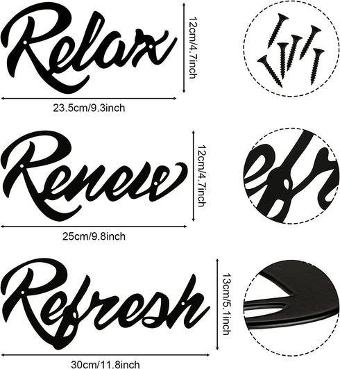 Hotop 3 Pieces Farmhouse Bathroom Metal Wall Signs Bathroom Metal Letter Sign Decor Relax Renew Refresh Metal Sign Bathroom Metal Wall Art Decor Black Metal Bathroom Wall Decor for Home Decoration