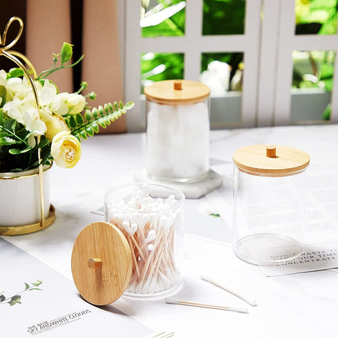 6 Pack Acrylic Qtip Holder Dispenser Bathroom Jars Set Round Pad Holder with Bamboo Lid Clear Plastic Stackable Ball Storage Container with 2 Pieces Removable Sticker Label for Bathroom Accessories