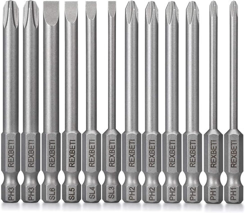 REXBETI Slotted Phillips Screwdriver Bit Set, 1/4 Inch Hex Shank S2 Steel Magnetic 3 Inch Long Drill Bits, 12 Piece