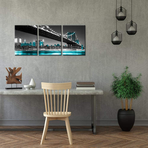 iKNOW FOTO 3 Panel Modern Black White and Blue New York City Wall Art Manhattan Skyline Bridge at Night Pictures on Canvas Print Painting Home Decoration Framed Art Work for Living Room 12x16inchx3pcs