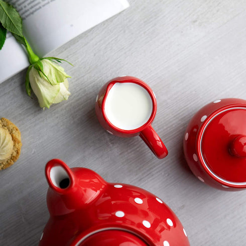 Handmade Red and White Polka Dot Small 150ml/5oz Ceramic Creamer, Milk Jug, Pourer, Pitcher Jug, Pottery Housewarming Gift for Tea Coffee Lovers by City to Cottage®