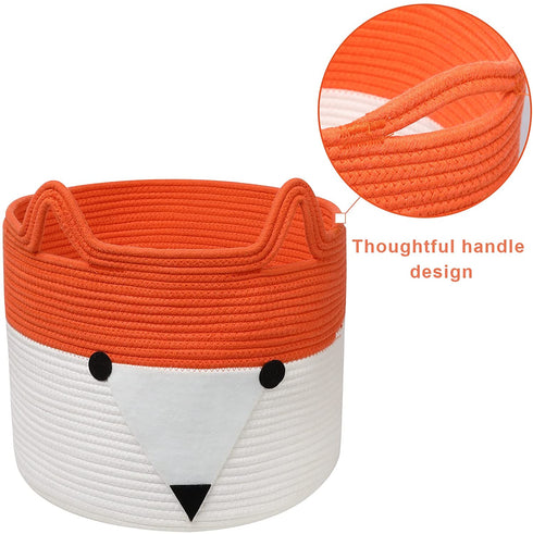 MHOMER XXLarge 14''x14''x13'' Blanket Basket Living Room Foldable Baby Laundry Basket Extra Large Cute Fox Blanket Storage for Living Room Basket with Handle Laundry Cotton Rope Gift Clothes Basket
