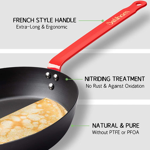 Delihom Carbon Steel Pan 9.5 Inch Skillet Omelette Pan, Cooking Frying Pans Healthy and Safe Cookware, Black