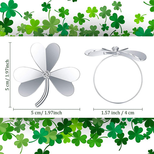 6 Pcs Shamrock Clover Napkin Ring St. Patrick's Day Napkin Rings Buckle Holder Rhinestone Metal Alloy Napkin Ring Exquisite Napkins Rings St. Patrick's Day Wedding Decor (Silver,Classic Style)