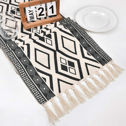 Boho Table Runners with Tassels Rustic Bohemian Woven Table Runner for Summer, Spring Holiday, Catering Events, Dinner Parties, Wedding, Indoor and Outdoor Parties, 14" x 70" (Black White, 14" x 108")