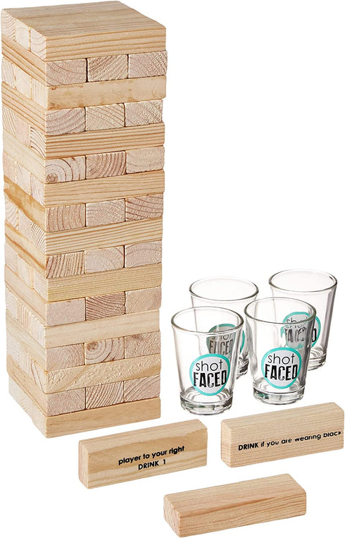 Game Night Tipsy Tower Drinking Game | Adult Party Game Set with 54 Stacking Wooden Blocks & 4 Durable Lead-Free Shot Glasses | Great Gift Idea for 21st Birthday, Bachelor & Bachelorette Party & More