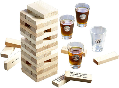 Game Night Tipsy Tower Drinking Game | Adult Party Game Set with 54 Stacking Wooden Blocks & 4 Durable Lead-Free Shot Glasses | Great Gift Idea for 21st Birthday, Bachelor & Bachelorette Party & More