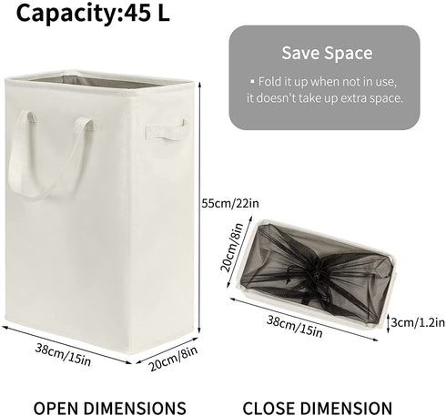 Chrislley 45L Slim Laundry Hamper Thin Laundry Basket with Handle Foldable Dirty Clothes Basket Durable Laundry Storage Organizer Bathroom Corner Narrow (22 inches , beige)