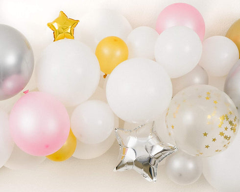 PapaKit Deluxe DIY Balloon Garland Set | 100 pc Assorted Balloons (12ft) | Decorating Strip, Adhesive, Tying Tool | Gender Reveal Mother to Be Baby Shower Party Decoration (Twinkle Little Stars)