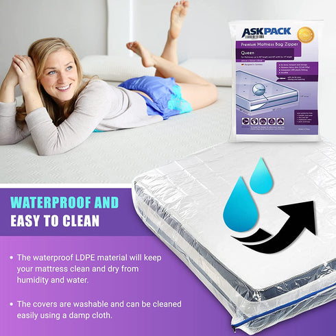 Queen - Mattress Bag Enhanced with Zipper 5.5 mil Extrem Thick for Moving & Long-Term Storage - Tear Resistant and Waterproof - Extrem Heavy Duty