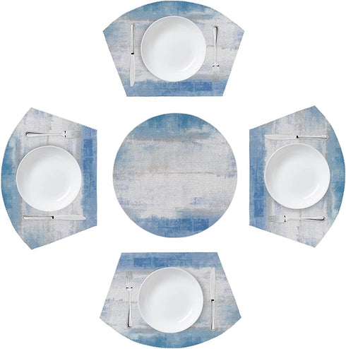 Abstract Grey Blue Round Table Placemats Set of 5 Modern Wedge Table Mats with Centerpiece Heat Resistant Washable Place mats for Indoor Outdoor Kitchen Dinning Table Decoration