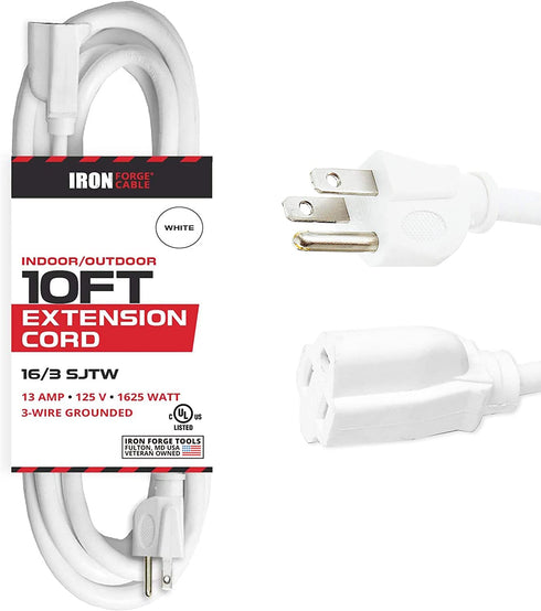 10 Ft White Extension Cord - 16/3 Durable Electrical Cable