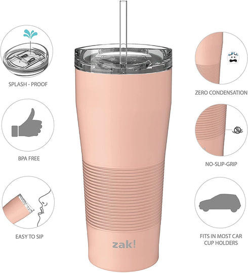 Zak Designs Lynden 28 oz Vacuum Insulated 18/8 Stainless Steel Travel Tumbler with Splash-Proof Lid, Includes Reusable Plastic Straw and Fits in Car Cup Holders, Misty Rose
