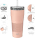 Zak Designs Lynden 28 oz Vacuum Insulated 18/8 Stainless Steel Travel Tumbler with Splash-Proof Lid, Includes Reusable Plastic Straw and Fits in Car Cup Holders, Misty Rose