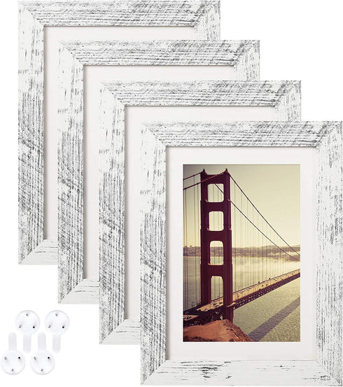 BAIJIALI 5x7 Picture Frame Distressed White Wood Pattern Set of 4 with Tempered Glass,Display Pictures 4x6 with Mat or 5x7 Without Mat, Horizontal and Vertical Formats for Wall and Table Mounting