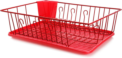 Mega Chef Dish Rack with 14 Plate Positioners and A Detachable Utensil Holder, Red