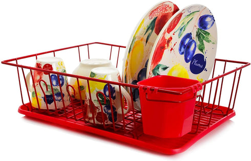 Mega Chef Dish Rack with 14 Plate Positioners and A Detachable Utensil Holder, Red