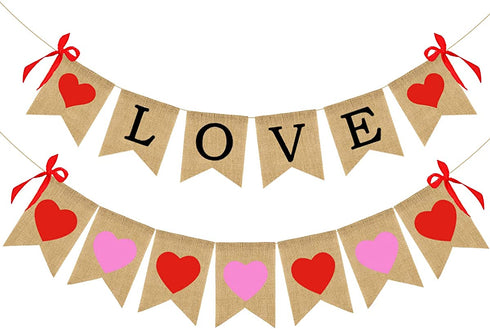 Valentines Day Decorations, Burlap Love Banner with Heart Garland Valentine's Day Banner for Wedding Anniversary Engagement Decorations, No DIY