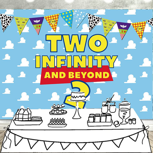 HEETON Two Infinity and Beyond Backdrop Buzz Banner Light Year Toy Inspired Story 2nd Birthday Balloons Party Supplies Decorations Photo Prop for Girl Boy Baby Background -7 x 5ft