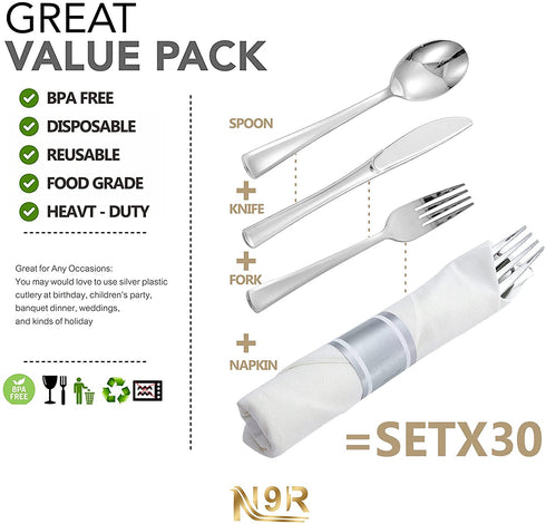N9R 30 Pack Pre Rolled Silver Plastic Cutlery Set, Wrapped Plastic Silverware Set with 30 Forks, 30 Knives, 30 Spoons and 30 Napkins, Disposable Cutlery Set for Party and Wedding