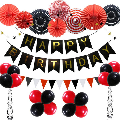 ADLKGG Red Black Birthday Party Supplies, Happy Birthday Banner with Balloons, Triangular Pennants, Hanging Swirls, Paper Fans, Circle Star Paper Garland for Mickey Mouse Pirate Theme Birthday