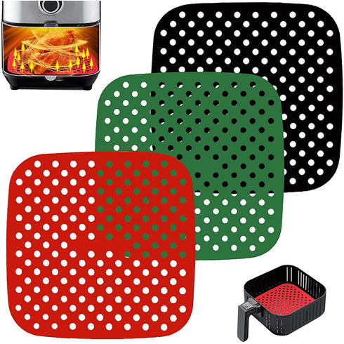 3 PCS Reusable Air Fryer Liners,Square Air Fryer Silicone Liners for Air Fryer Basket,Non-Stick Air Fryer Accessories Basket Mats Replacement for Parchment Paper, BPA Free. (Black Red Green, 8.5 in)