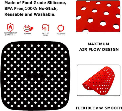 3 PCS Reusable Air Fryer Liners,Square Air Fryer Silicone Liners for Air Fryer Basket,Non-Stick Air Fryer Accessories Basket Mats Replacement for Parchment Paper, BPA Free. (Black Red Green, 8.5 in)
