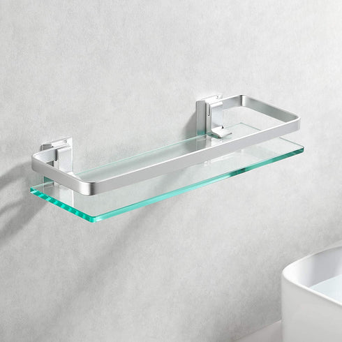 KES Aluminum Bathroom Glass Shelf Tempered Glass Rectangular 1 Tier Extra Thick Silver Wall Mounted, A4126A