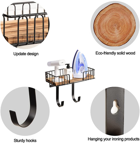 DB Ironing Board Hanger Wall Mount, Ironing and Iron Board Wall Mount with Shelf, Metal Iron Holder Wall Mount with Large Storage Wooden Base Basket & Removable Hooks, Iron Board Hanger Laundry Room