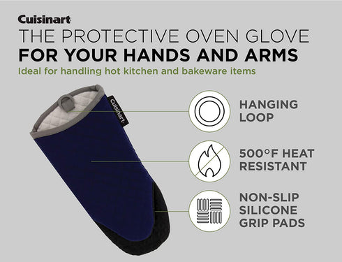 Cuisinart Silicone Oven Mitts, 2pk - Heat Resistant Quilted Oven Gloves to Safely Handle Hot Cookware - Soft Insulated Deep Pockets, Non-Slip Grip and Convenient Hanging Loop - Navy Aura