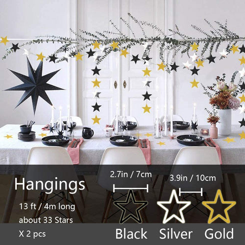 Hola Fiesta | Black Gold Paper Fans Flower and 2 Black-Gold-Silver 7cm Stars Decorations for Celebration Wedding Carnival Happy Birthday Welcome Party,Gold Black Silver
