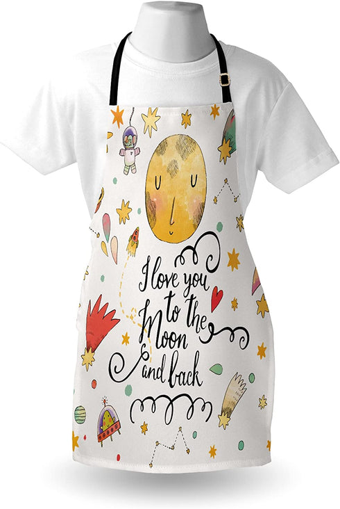 Lunarable Star Apron, I Love You to The Moon and Back Romantic Words Cartoon Planets Moon Astronauts, Unisex Kitchen Bib with Adjustable Neck for Cooking Gardening, Adult Size, Mustard Brown