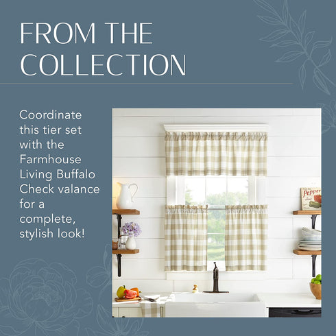 Elrene Home Fashions Farmhouse Living Buffalo-Check Tier Curtain Set for Bathroom or Kitchen Curtains, 30" x 24"(Set of 2 Tiers), Tan/White