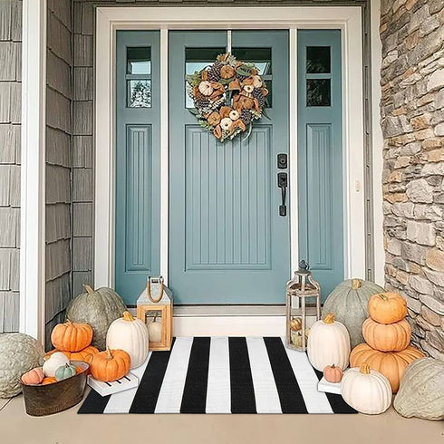 Black and White Outdoor Runner Rug 27.5'' x 43'',Washable Striped Layered Doormats Front Porch Rug Farmhouse Check Entrance Carpet for Welcome Mat/Indoor/Laundry Room