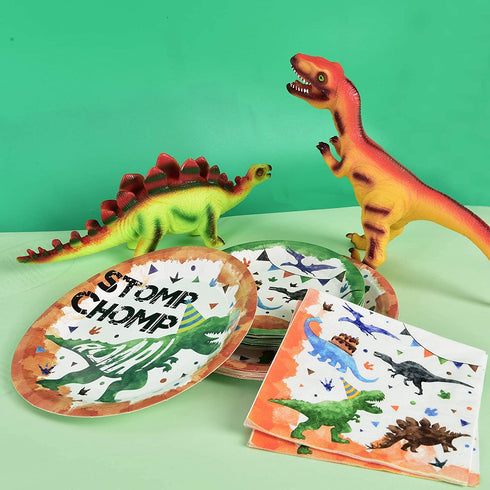 Watercolor Dinosaur Party Plates and Napkins - Dinosaur Birthday Party Supplies Bundles for Boys Kids Disposable Luncheon Dinner Dessert Cake Plates Napkins Tableware Set Serves 16 Guests 48 Pieces