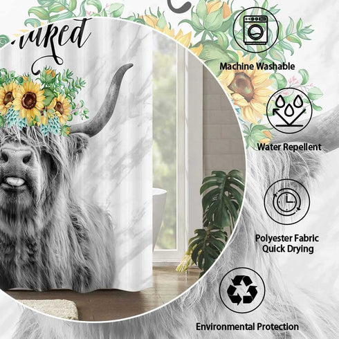 Cow Shower Curtain, Farmhouse Highland Cow Shower Curtain Funny Farm Animal Cattle Bull Cow Floral on Marble Fabric Shower Curtain Get Naked Shower Curtain Country Bathroom Set with Hooks, 72X72 Inch