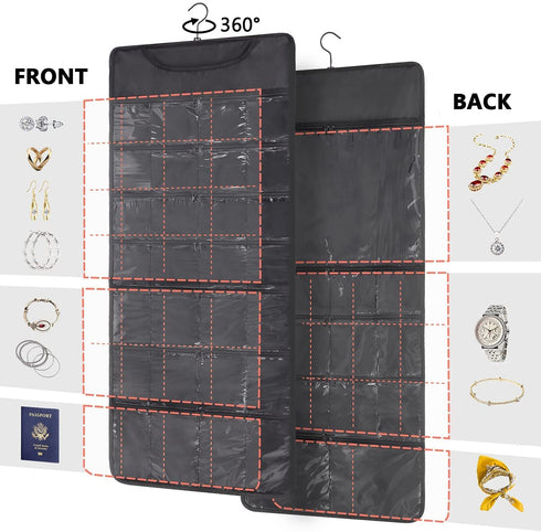 FOREGOER Hanging Jewelry Organizer with Zipper Pocket Double Sided 43 Pockets Large Necklace Earring Accessory Holder Organizer(Black)