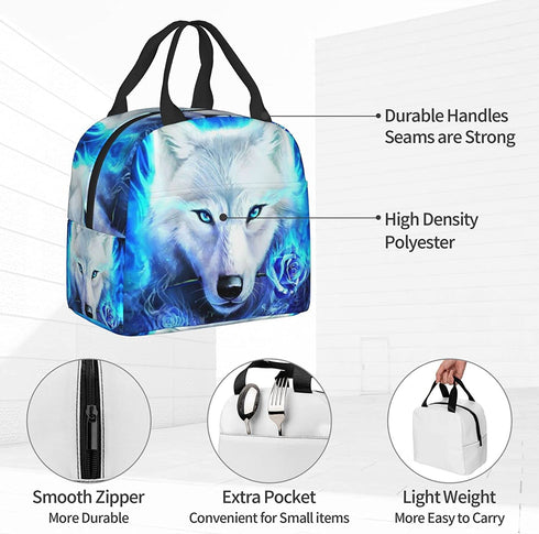 PrelerDIY Blue Fire Rose Wolf Lunch Box Insulated Meal Bag Lunch Bag Reusable Snack Bag Food Container For Boys Girls Men Women School Work Travel Picnic