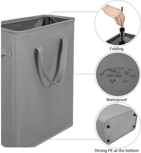 ZERO JET LAG Slim Laundry Hamper Handles Collapsible Laundry Basket Thin Dirty Clothes Basket Narrow Laundry Bag Foldable Dirty Hamper 45L (21 inches,Grey)