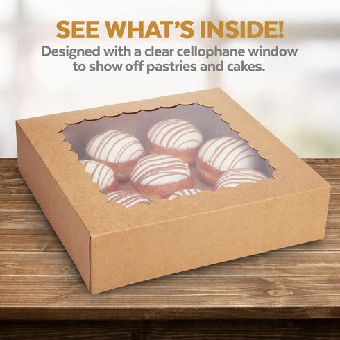 Cake Boxes 10 Inch and Stickers, (12-Pack) Kraft Bakery Box with Viewing Window for Cakes, Cupcakes, Cookies, Donuts, Pastries, and More 10x10x2.5 Brown Cake Box