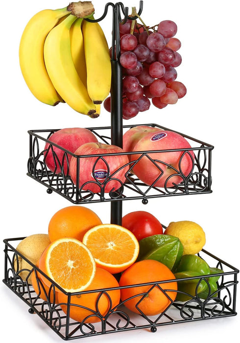 WRYISSE Flower Lattice 2 Tier Countertop Fruit Basket Bowl with 3 Banana Hanger Rectangular Metal Fruit Storage Basket Stand for Vegetable Eggs Snacks (Black, Flower Design)