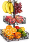 WRYISSE Flower Lattice 2 Tier Countertop Fruit Basket Bowl with 3 Banana Hanger Rectangular Metal Fruit Storage Basket Stand for Vegetable Eggs Snacks (Black, Flower Design)