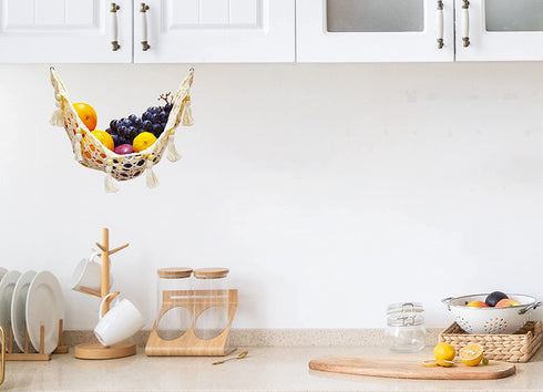 ANPOTop Fruit Hammock Under Cabinet 2 Pcs with 12 Tassels, Macrame Handwoven Cotton Banana or Veggies - Hanging Basket for Saves Counter Space at Kitchen RV, White, 2PCS, SKU100209-2PCS