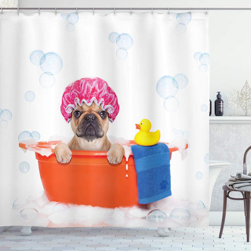 Ambesonne Dog Lover Shower Curtain, French Bulldog Having a Bath in Tub Rubber Duck Theme on Bubbles Background, Cloth Fabric Bathroom Decor Set with Hooks, 69" W x 70" L, Orange Pink