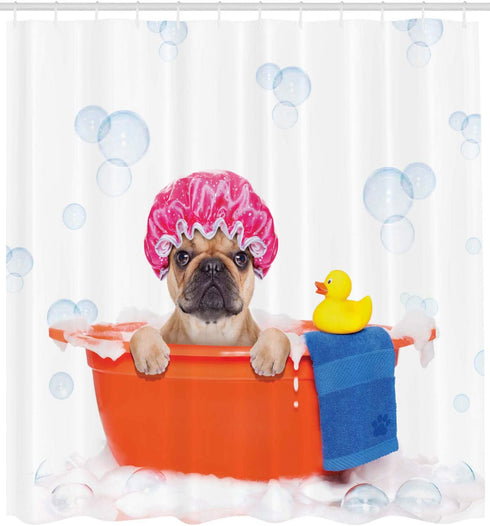Ambesonne Dog Lover Shower Curtain, French Bulldog Having a Bath in Tub Rubber Duck Theme on Bubbles Background, Cloth Fabric Bathroom Decor Set with Hooks, 69" W x 70" L, Orange Pink