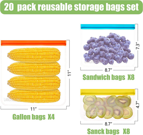 Reusable Food Storage Bags - 20 Pack BPA Free Freezer Bags (4 Reusable Ziplock Bags + 8 Reusable Sandwich Bags + 8 Kids Snack Bags), Super Thick, Leak Proof Resealable Silicone Bags for Meat Fruit