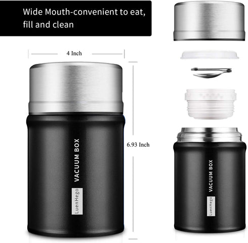 Insulated Food Jar Lunch Container for Hot Food 26 oz Wide Mouth Stainless Steel Thermos LuenHego Leak Proof Thermal Flask with Folding Spoon for School Office Picnic Travel Outdoors - Matte Black