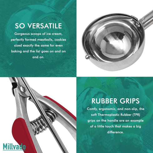 Millvado Stainless Steel Ice Cream and Cookie Scoop | Large Sized, With Red Rubber Grips, Spring Loaded Lever Design, For Sorbet, Melon, Meatballs, Muffins, and More, 3 Ounce Scooper