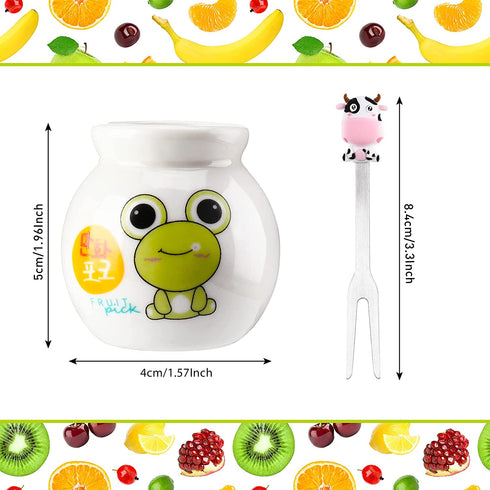 12 Pcs Fruit Picks for Kids 2 Sets Fruit fork Kids Toothpicks for Food Stainless Steel Bento Picks Cute Cartoon Animal Fruit Forks with Silicone Handles and Ceramic Storage Jars for kids (Cute Style)